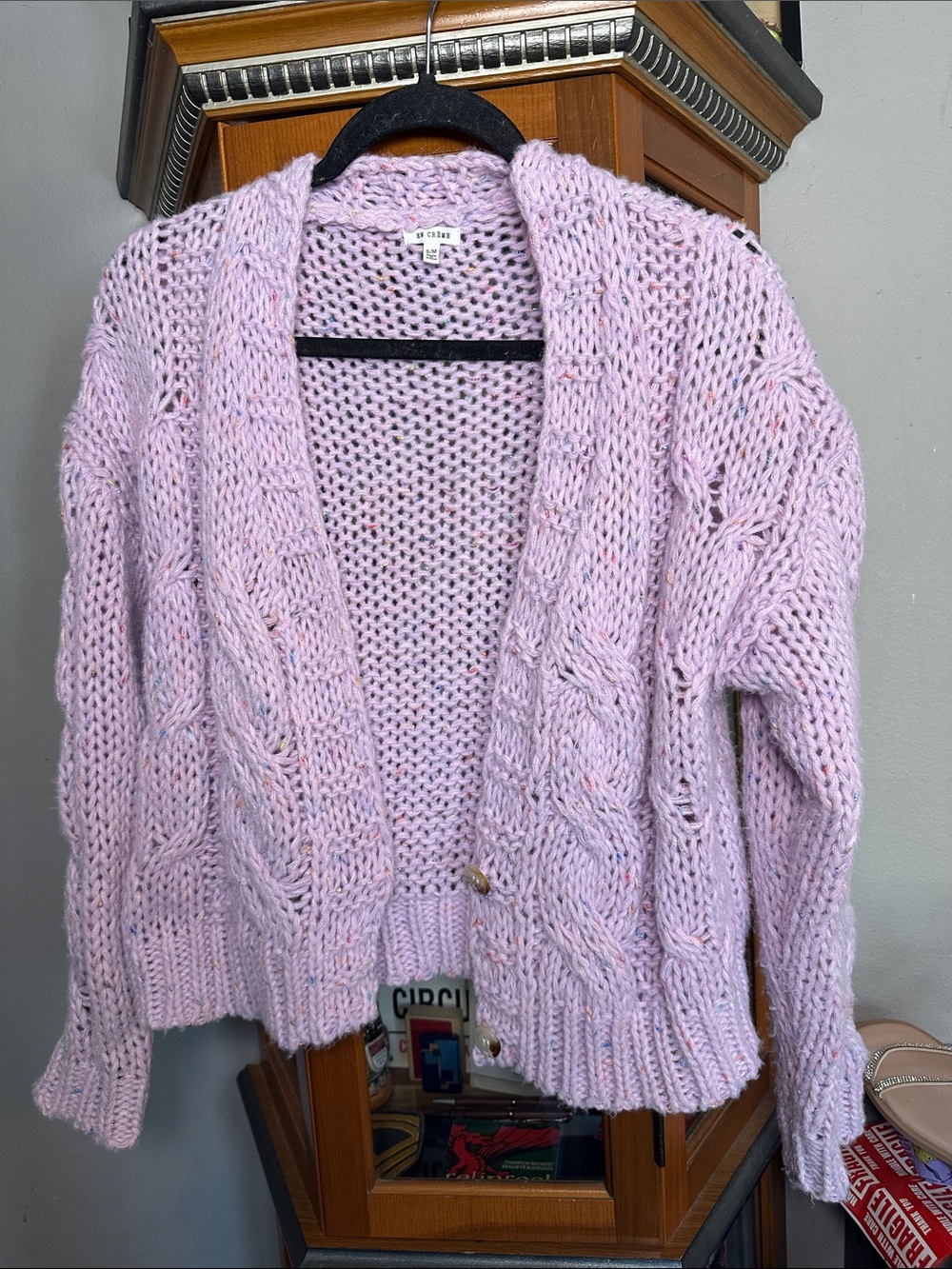 En Creme Lavender Open Cable Knit Cardigan Sweater
